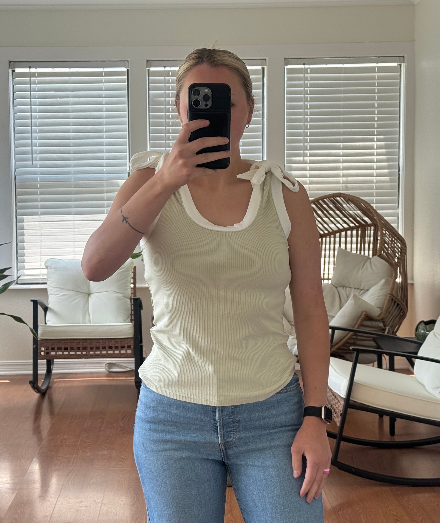Contrast Bow Tie Tank Top - Sage + White