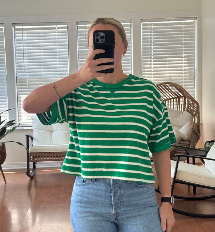 Striped Terry Cloth Short Sleeve Top - Green + White