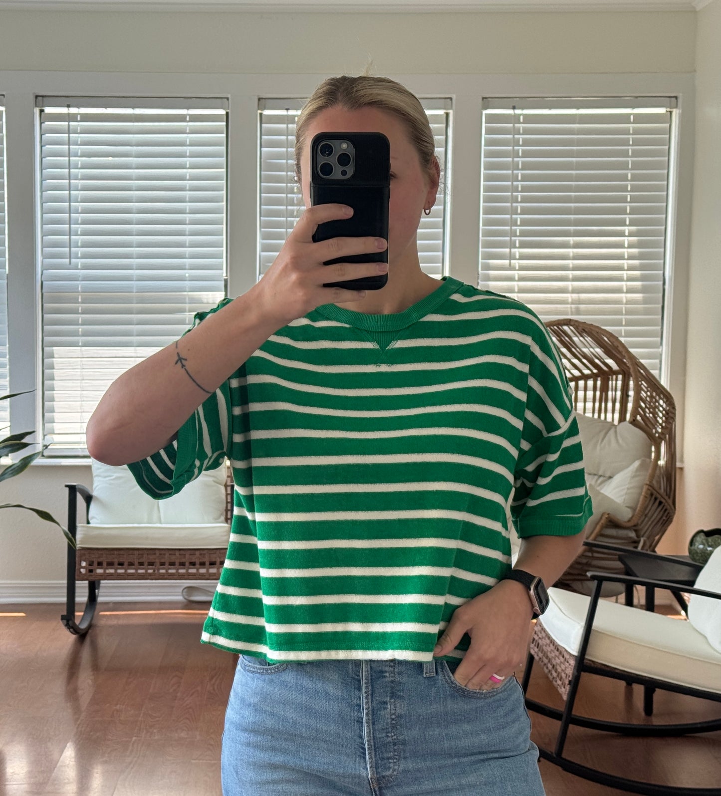 Striped Terry Cloth Short Sleeve Top - Green + White